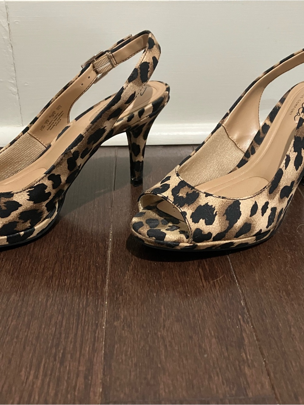 Abella Leopard Print Slingback Peep-Toe Heels in Tan and Black